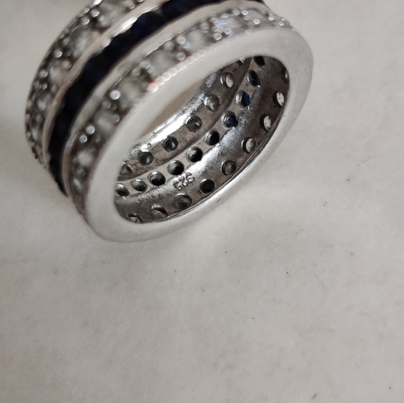 Dazzling Three Row Sterling Silver Band Ring 💍with CZ and Sapphires - Picture 7 of 15